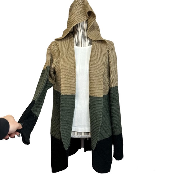 Cozy Chunky Color-block Hooded Sweater Cardigan Black Tan Foresst Green XL - Picture 1 of 7